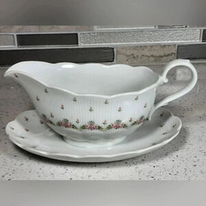 Marseille by Kaiser Gravy Boat Attached Underplate W Germany White Pink Flowers